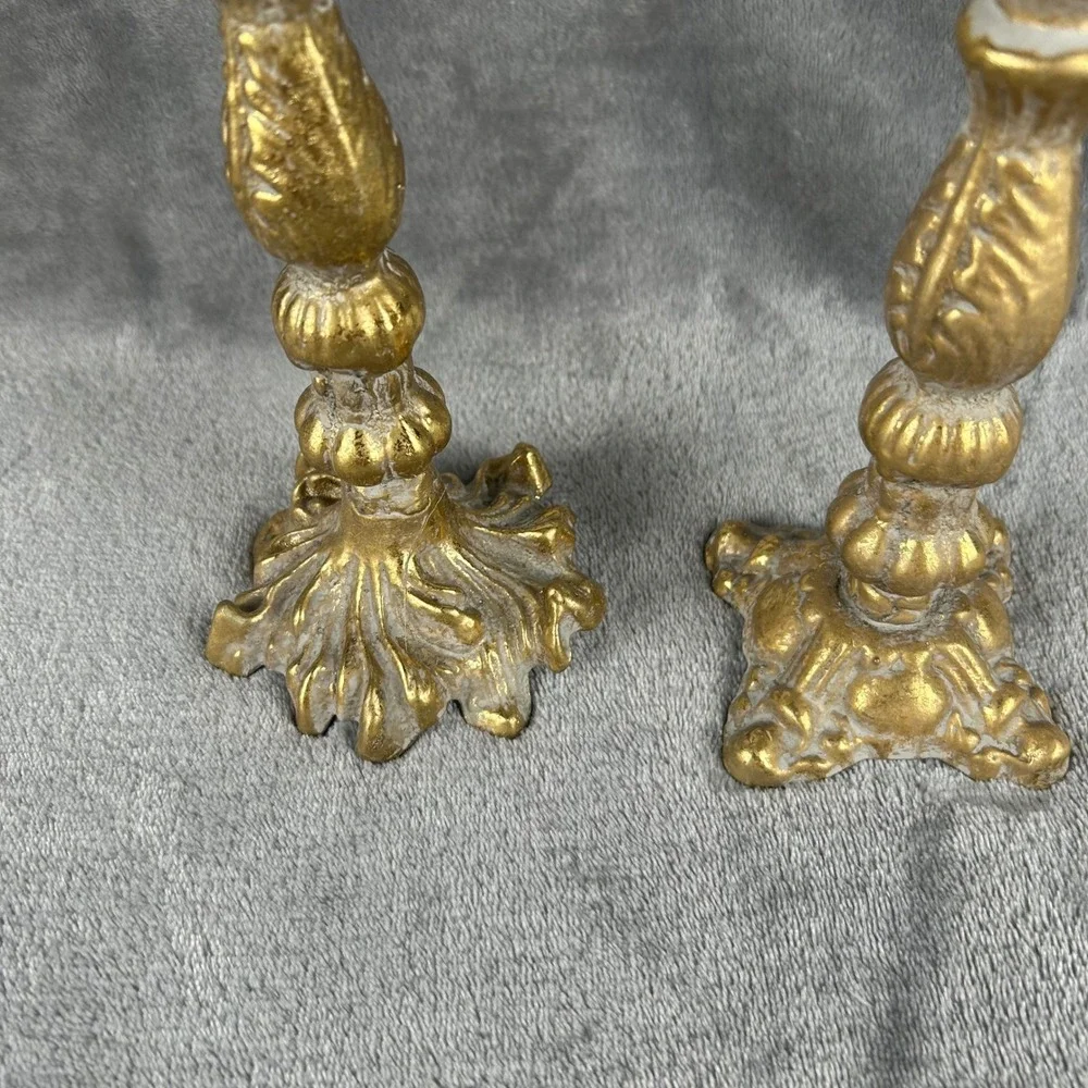 Vintage Antique Gold Cast Metal Candlestick Holders Pair Ornate Heavy Taper Set
